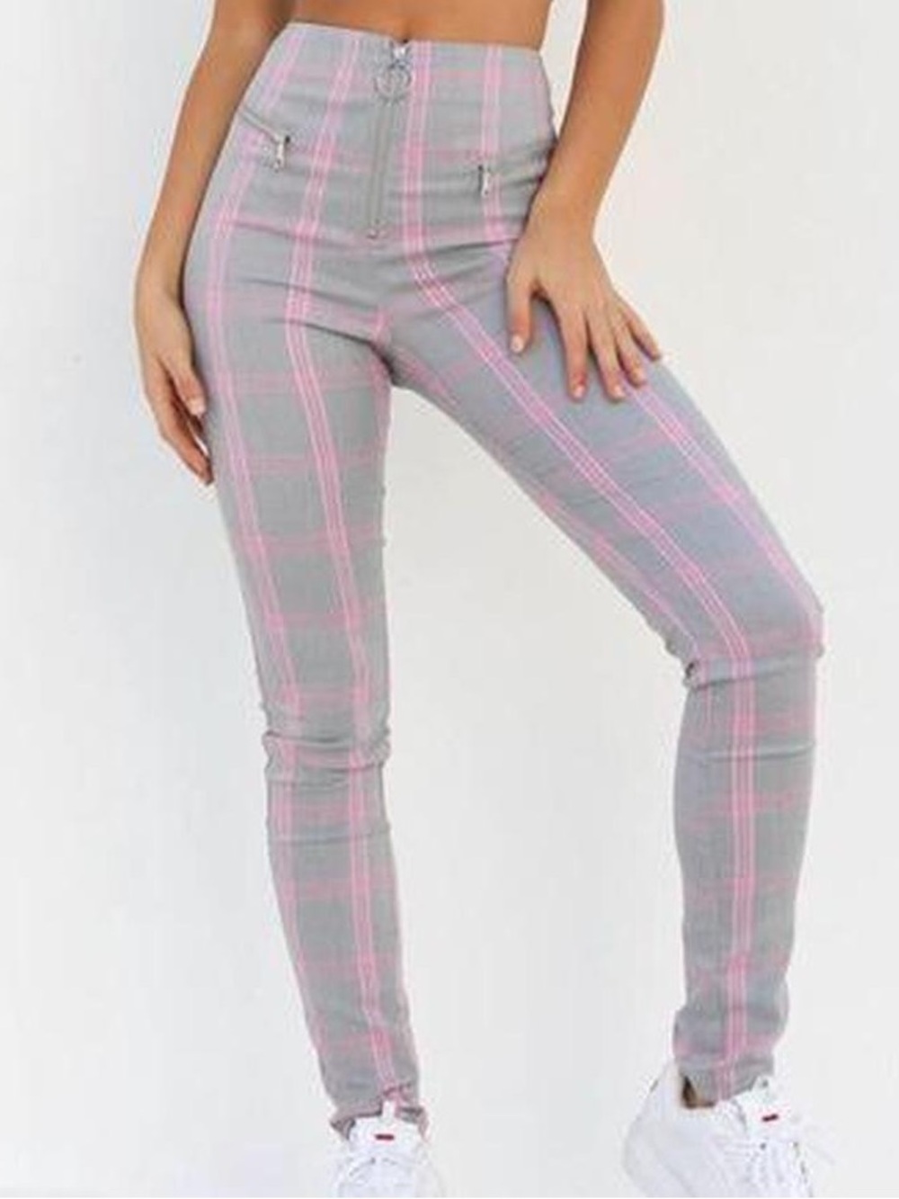 Tiger Mist Gray Skinny Pants with Pink Windowpane Plaid
